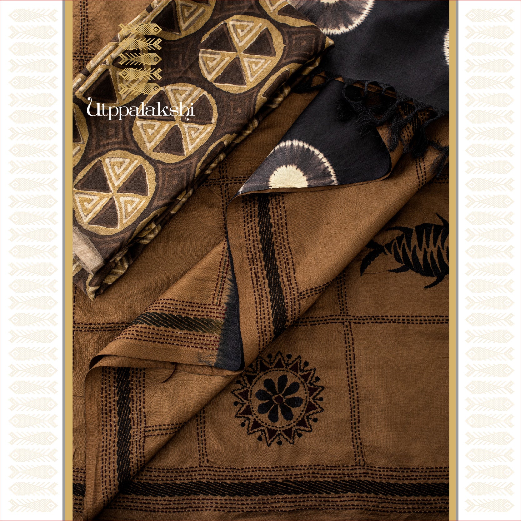 BROWN & BLACK WITH JAPANESE SHIBORI TIE AND DYE LAKSHI KANTA EMBROIDERY || UTPPALAKSHI HANDWOVEN KANJIVARAM SILK SAREE