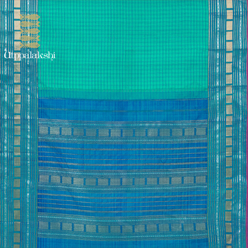 BLUE AND GREEN WITH CHECKS, RUDRAKSHAM AND WIDE BORDER ||UTPPALAKSHI HANDWOVEN KANJIVARAM SILK SAREE