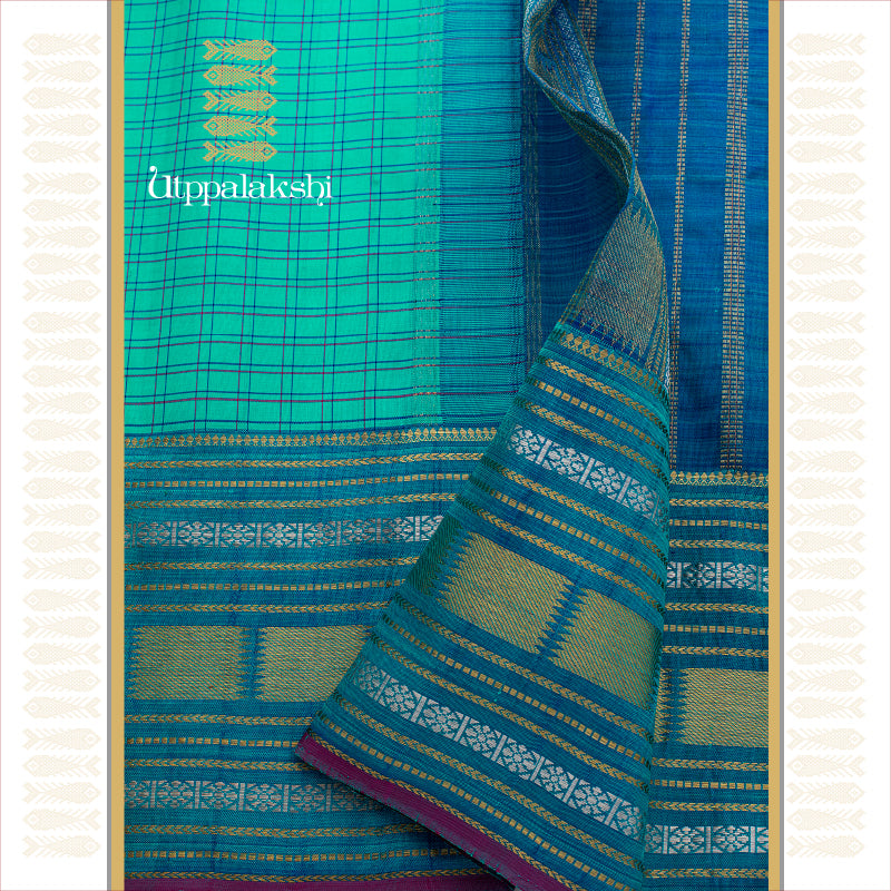 BLUE AND GREEN WITH CHECKS, RUDRAKSHAM AND WIDE BORDER ||UTPPALAKSHI HANDWOVEN KANJIVARAM SILK SAREE