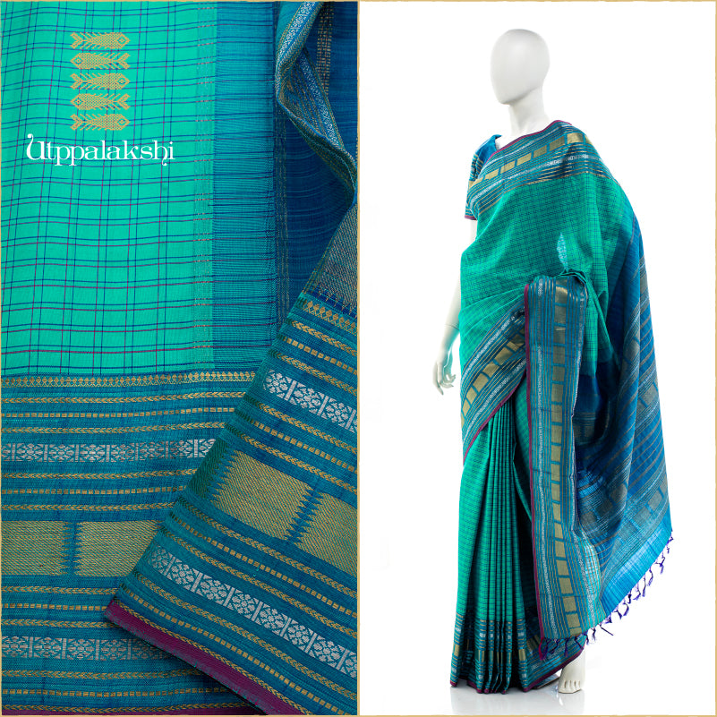 BLUE AND GREEN WITH CHECKS, RUDRAKSHAM AND WIDE BORDER ||UTPPALAKSHI HANDWOVEN KANJIVARAM SILK SAREE