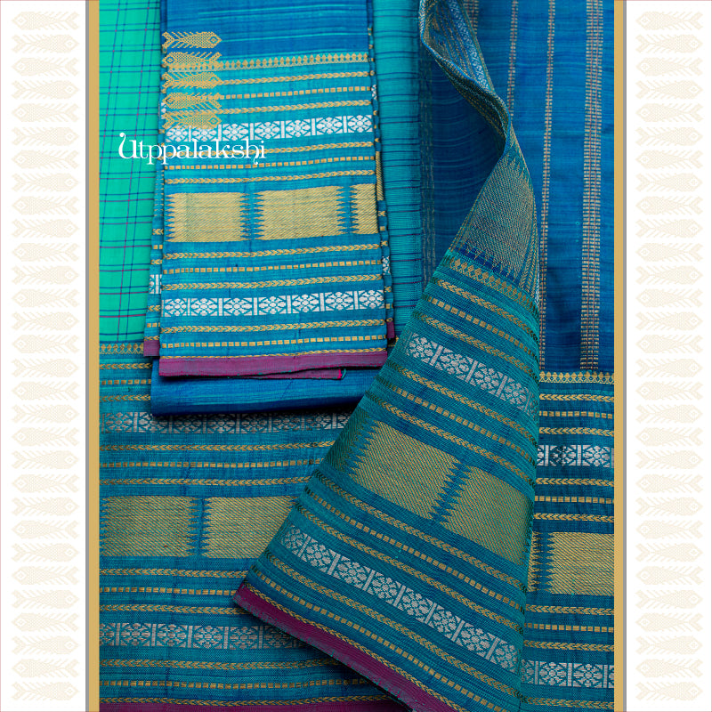 BLUE AND GREEN WITH CHECKS, RUDRAKSHAM AND WIDE BORDER ||UTPPALAKSHI HANDWOVEN KANJIVARAM SILK SAREE