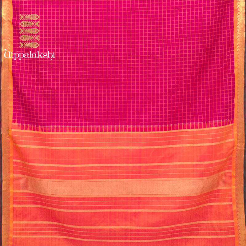 UTPPALAKSHI HANDWOVEN KANJIVARAM SILK SAREE PINK CHECKS MUSTARD BORDER