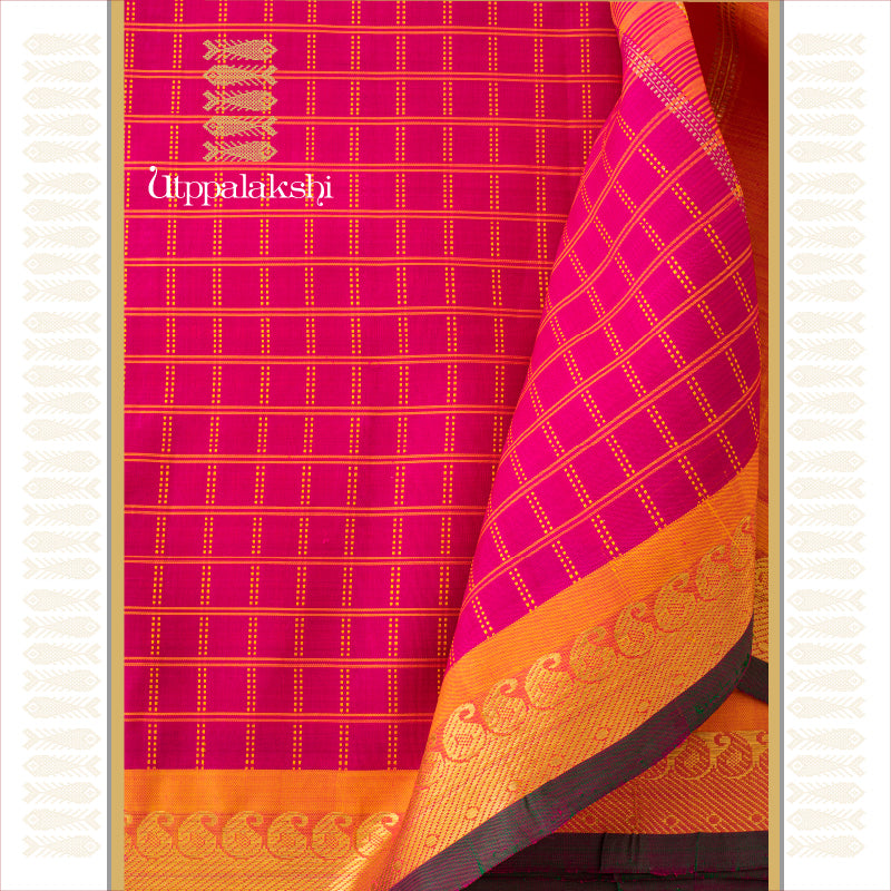 UTPPALAKSHI HANDWOVEN KANJIVARAM SILK SAREE PINK CHECKS MUSTARD BORDER