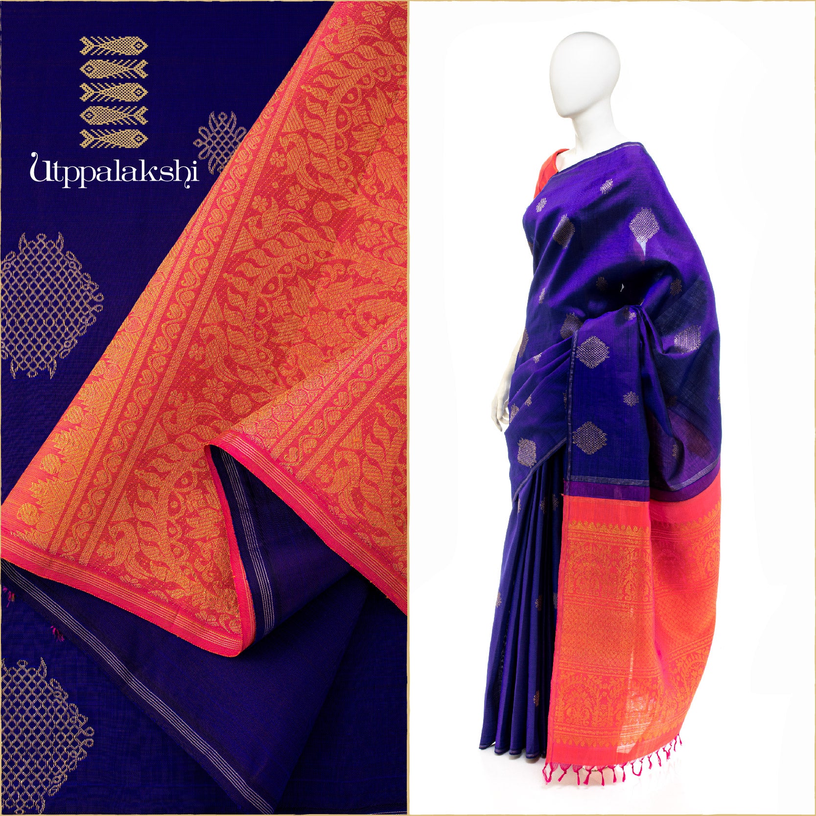 DEEP BLUE AND PINK KOLAM || UTPPALAKSHI HANDWOVEN KANJIVARAM SILK SAREE
