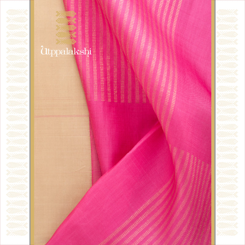 UTPPALAKSHI HANDWOVEN KANJIVARAM SILK PARTLY PALLU SAREE OFFWHITE AND PINK NO BORDER