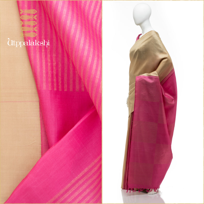 UTPPALAKSHI HANDWOVEN KANJIVARAM SILK PARTLY PALLU SAREE OFFWHITE AND PINK NO BORDER