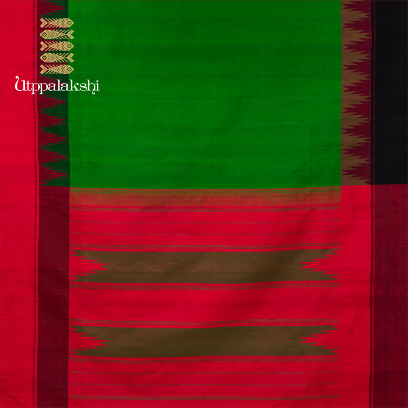 UTPPALAKSHI HANDWOVEN KANJIVARAM SILK SAREE GREEN AND MAROON TEMPLE BORDER