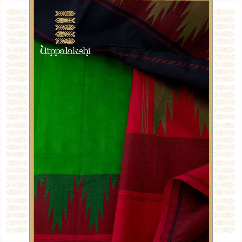UTPPALAKSHI HANDWOVEN KANJIVARAM SILK SAREE GREEN AND MAROON TEMPLE BORDER