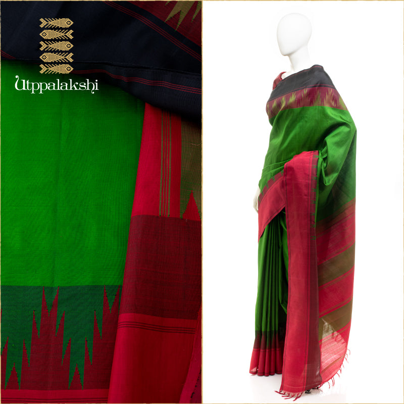 UTPPALAKSHI HANDWOVEN KANJIVARAM SILK SAREE GREEN AND MAROON TEMPLE BORDER