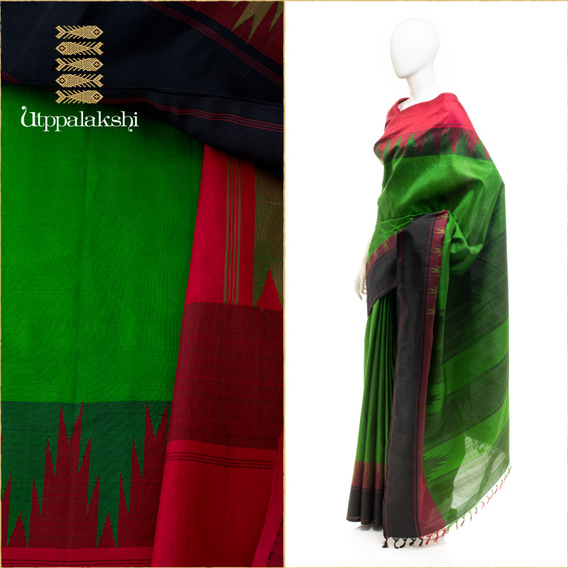 UTPPALAKSHI HANDWOVEN KANJIVARAM SILK SAREE GREEN AND MAROON TEMPLE BORDER