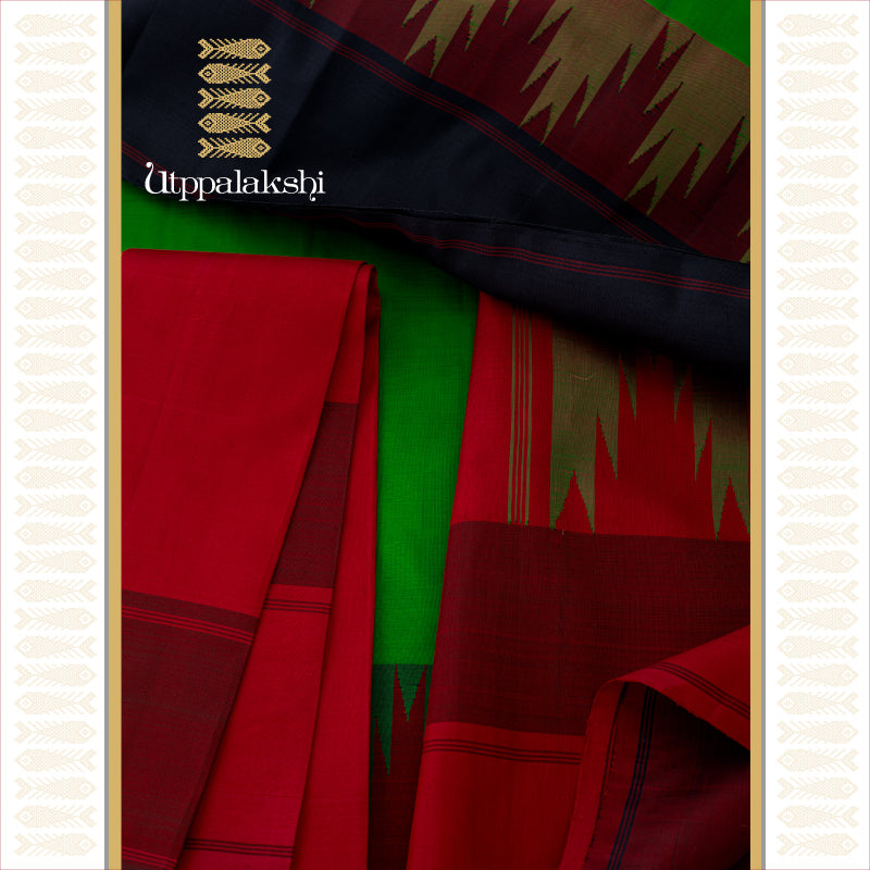 UTPPALAKSHI HANDWOVEN KANJIVARAM SILK SAREE GREEN AND MAROON TEMPLE BORDER