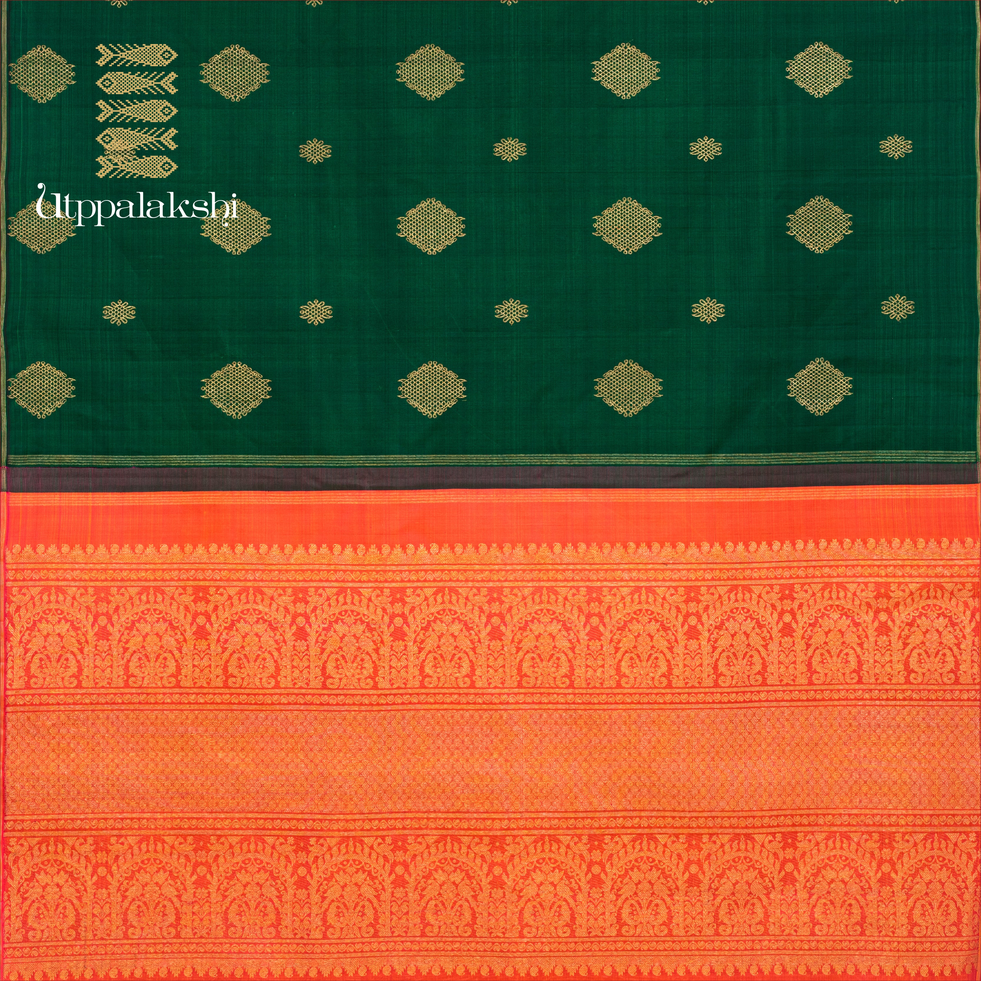 DARK GREEN AND PEACH KOLAM NO BORDER || UTPPALAKSHI HANDWOVEN KANJIVARAM SILK SAREE
