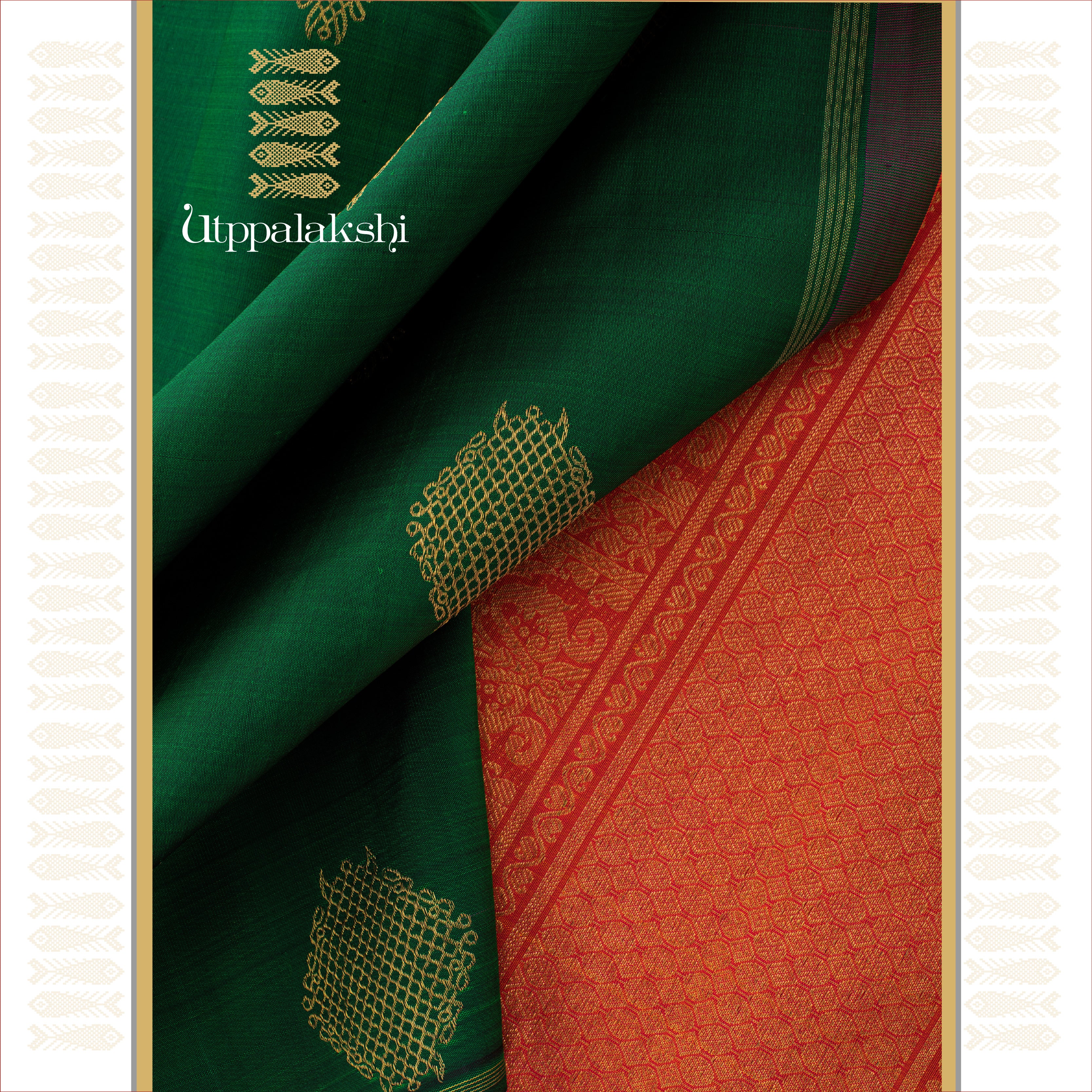 DARK GREEN AND PEACH KOLAM NO BORDER || UTPPALAKSHI HANDWOVEN KANJIVARAM SILK SAREE
