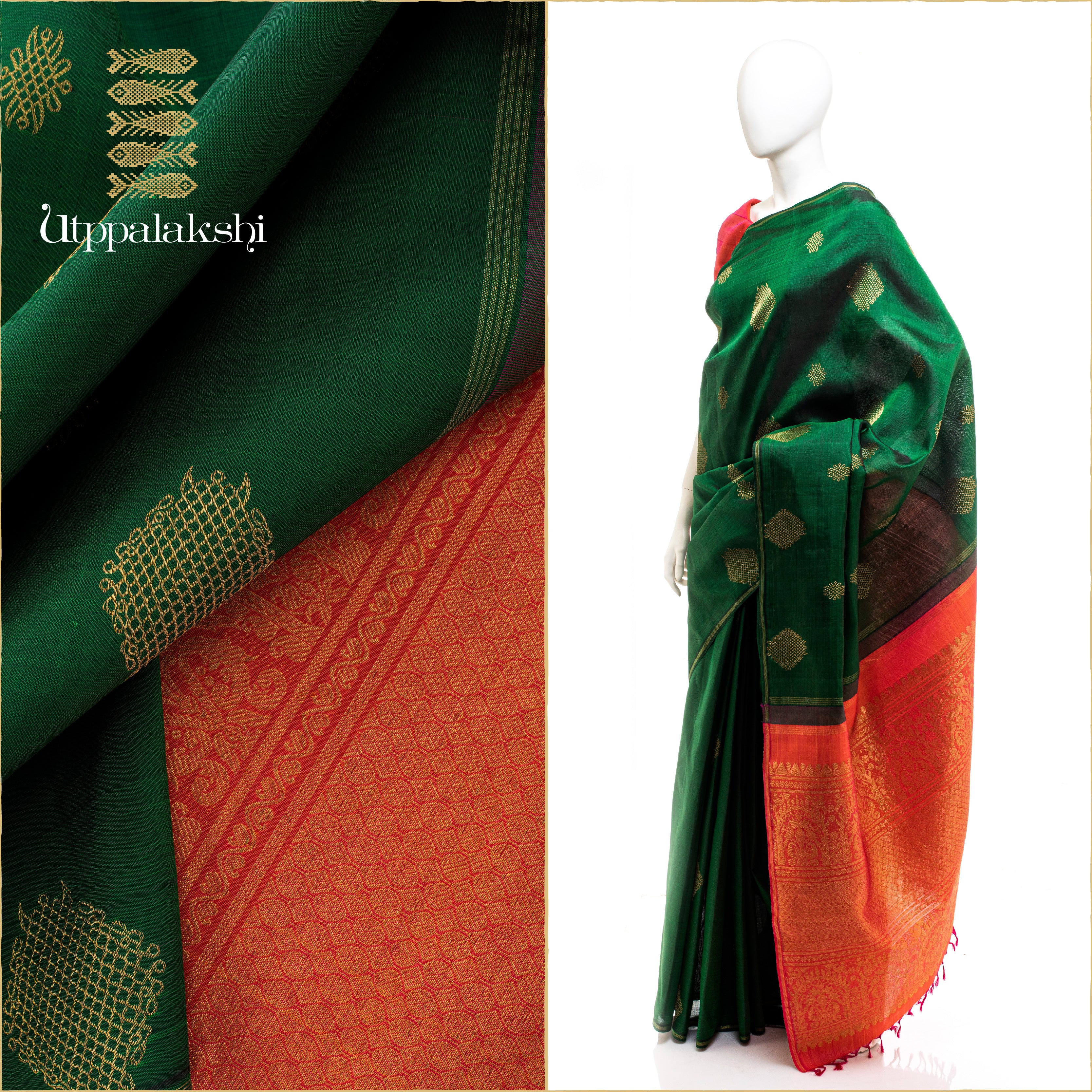 DARK GREEN AND PEACH KOLAM NO BORDER || UTPPALAKSHI HANDWOVEN KANJIVARAM SILK SAREE