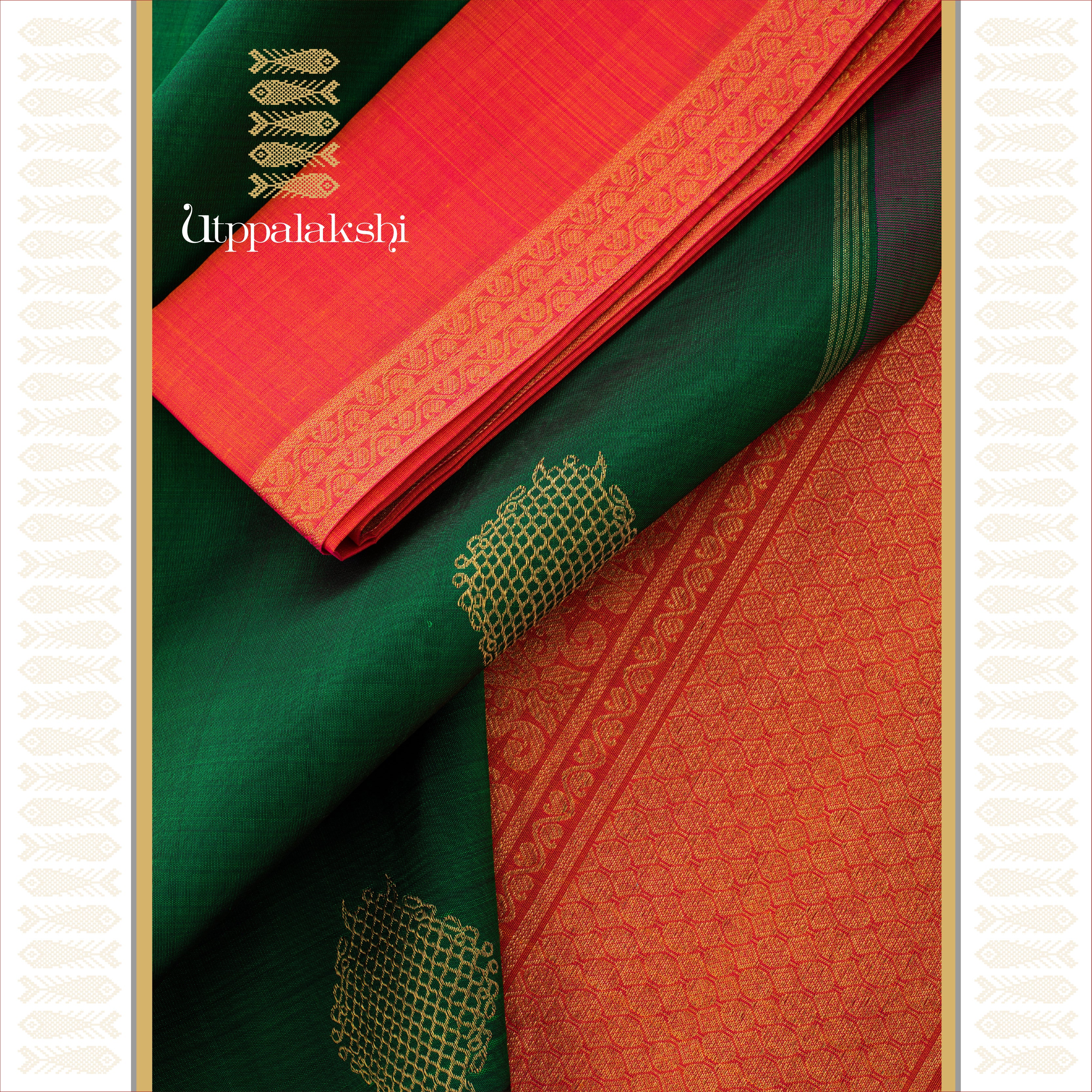 DARK GREEN AND PEACH KOLAM NO BORDER || UTPPALAKSHI HANDWOVEN KANJIVARAM SILK SAREE