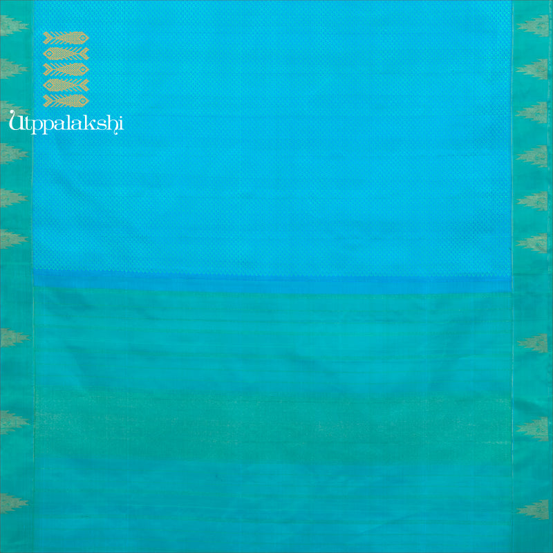 UTPPALAKSHI HANDWOVEN KANJIVARAM SILK JACQUARD SAREE IN BLUE WITH TEAL TEMPLE BORDER