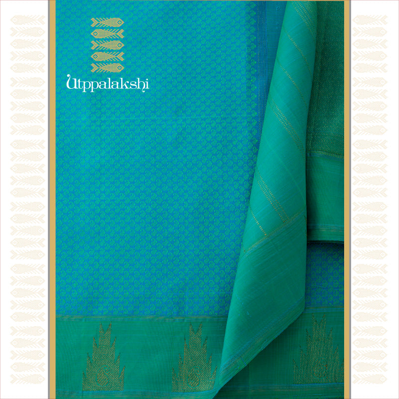 UTPPALAKSHI HANDWOVEN KANJIVARAM SILK JACQUARD SAREE IN BLUE WITH TEAL TEMPLE BORDER