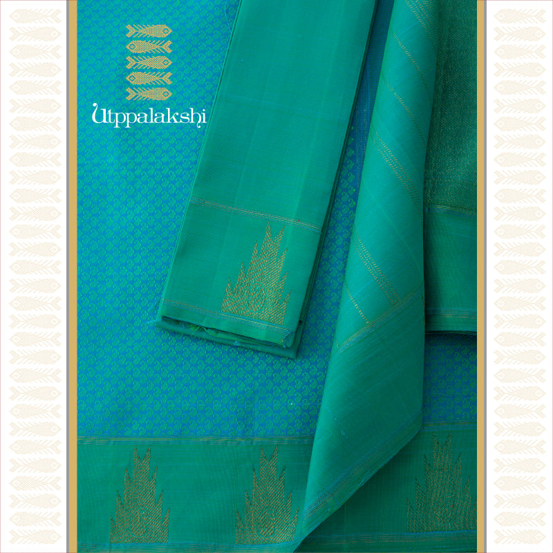UTPPALAKSHI HANDWOVEN KANJIVARAM SILK JACQUARD SAREE IN BLUE WITH TEAL TEMPLE BORDER