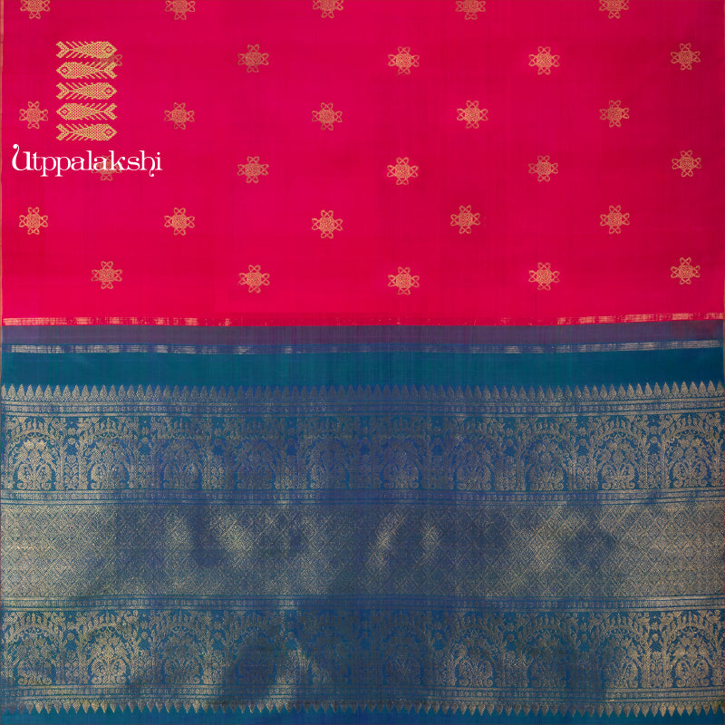 PINK AND PEACOCK BLUE KOLAM NO BORDER || UTPPALAKSHI HANDWOVEN KANJIVARAM SILK SAREE