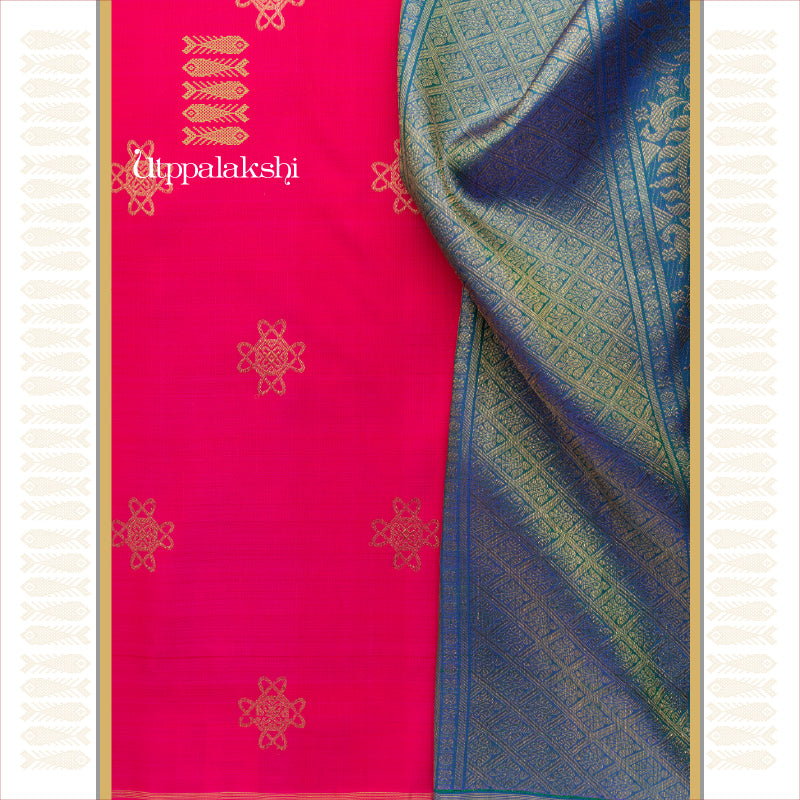 PINK AND PEACOCK BLUE KOLAM NO BORDER || UTPPALAKSHI HANDWOVEN KANJIVARAM SILK SAREE