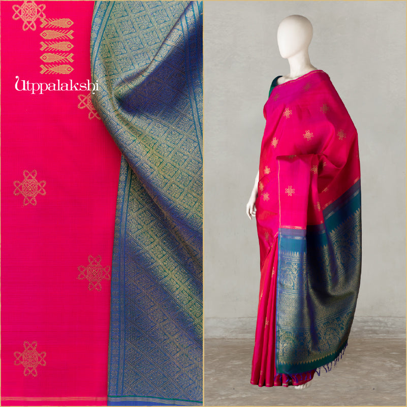 PINK AND PEACOCK BLUE KOLAM NO BORDER || UTPPALAKSHI HANDWOVEN KANJIVARAM SILK SAREE