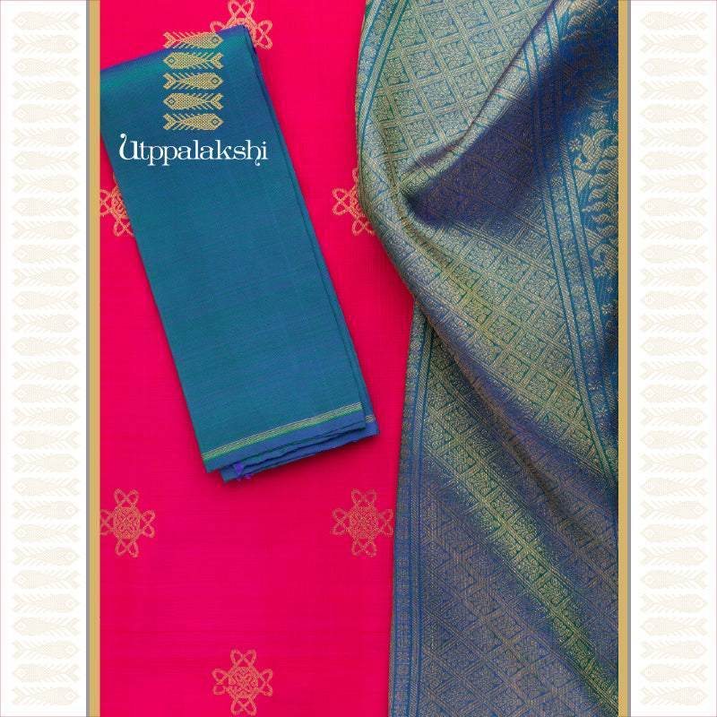 PINK AND PEACOCK BLUE KOLAM NO BORDER || UTPPALAKSHI HANDWOVEN KANJIVARAM SILK SAREE