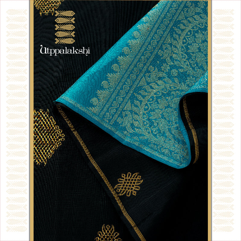 BLACK AND BLUE KOLAM NO BORDER || UTPPALAKSHI HANDWOVEN KANJIVARAM SILK SAREE