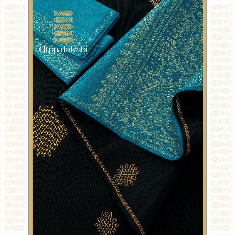 BLACK AND BLUE KOLAM NO BORDER || UTPPALAKSHI HANDWOVEN KANJIVARAM SILK SAREE