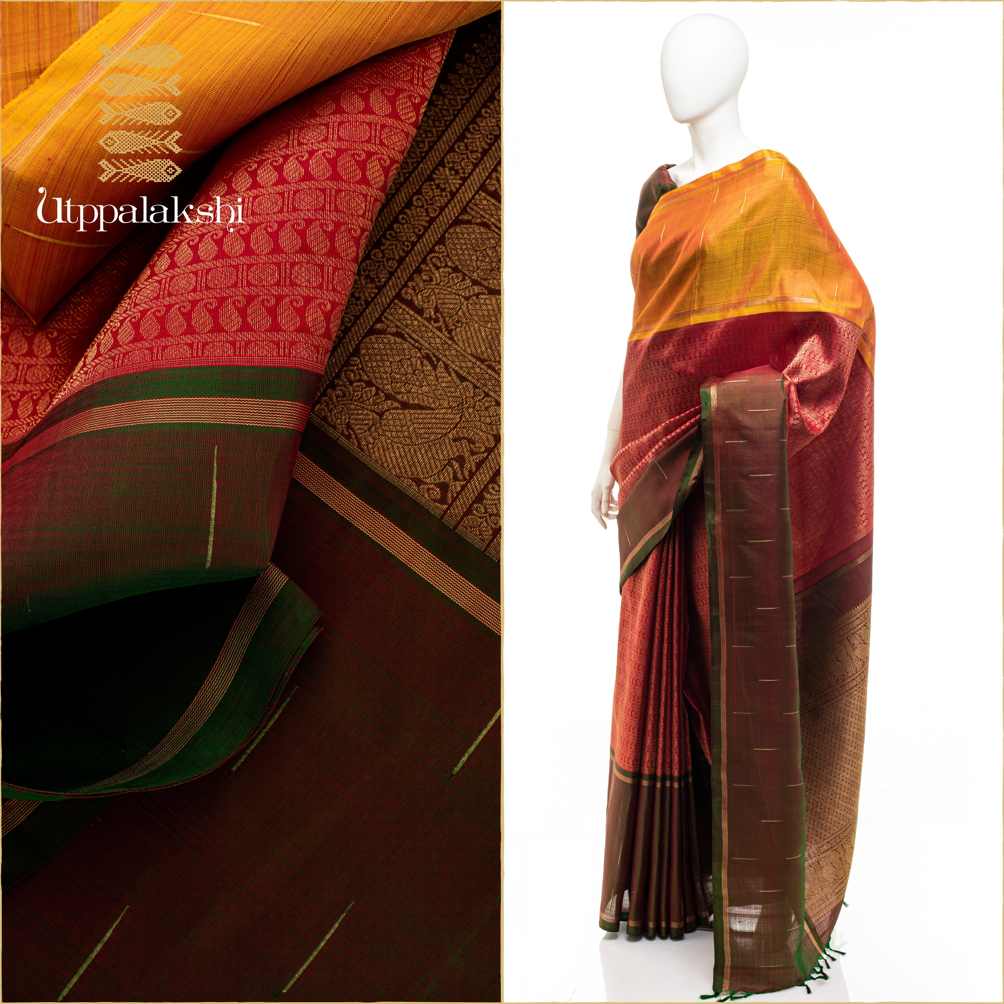MUBBAGAM SAREE MANDULIR MUSTARD RED || UTPPALAKSHI HANDWOVEN KANJIVARAM SILK
