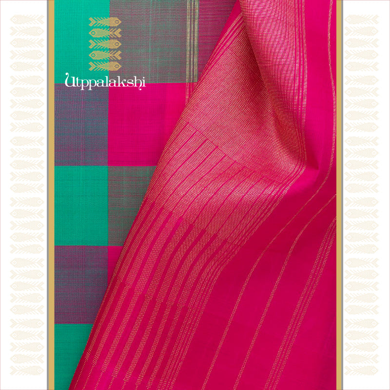 UTPPALAKSHI HANDWOVEN KANJIVARAM SILK SAREE GREEN AND PINK LARGE CHECKS NO BORDER