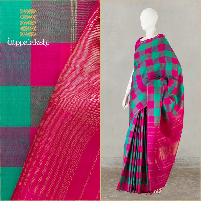 UTPPALAKSHI HANDWOVEN KANJIVARAM SILK SAREE GREEN AND PINK LARGE CHECKS NO BORDER