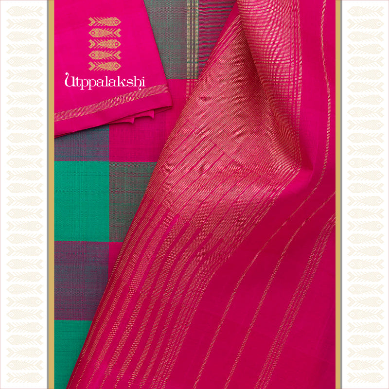 UTPPALAKSHI HANDWOVEN KANJIVARAM SILK SAREE GREEN AND PINK LARGE CHECKS NO BORDER