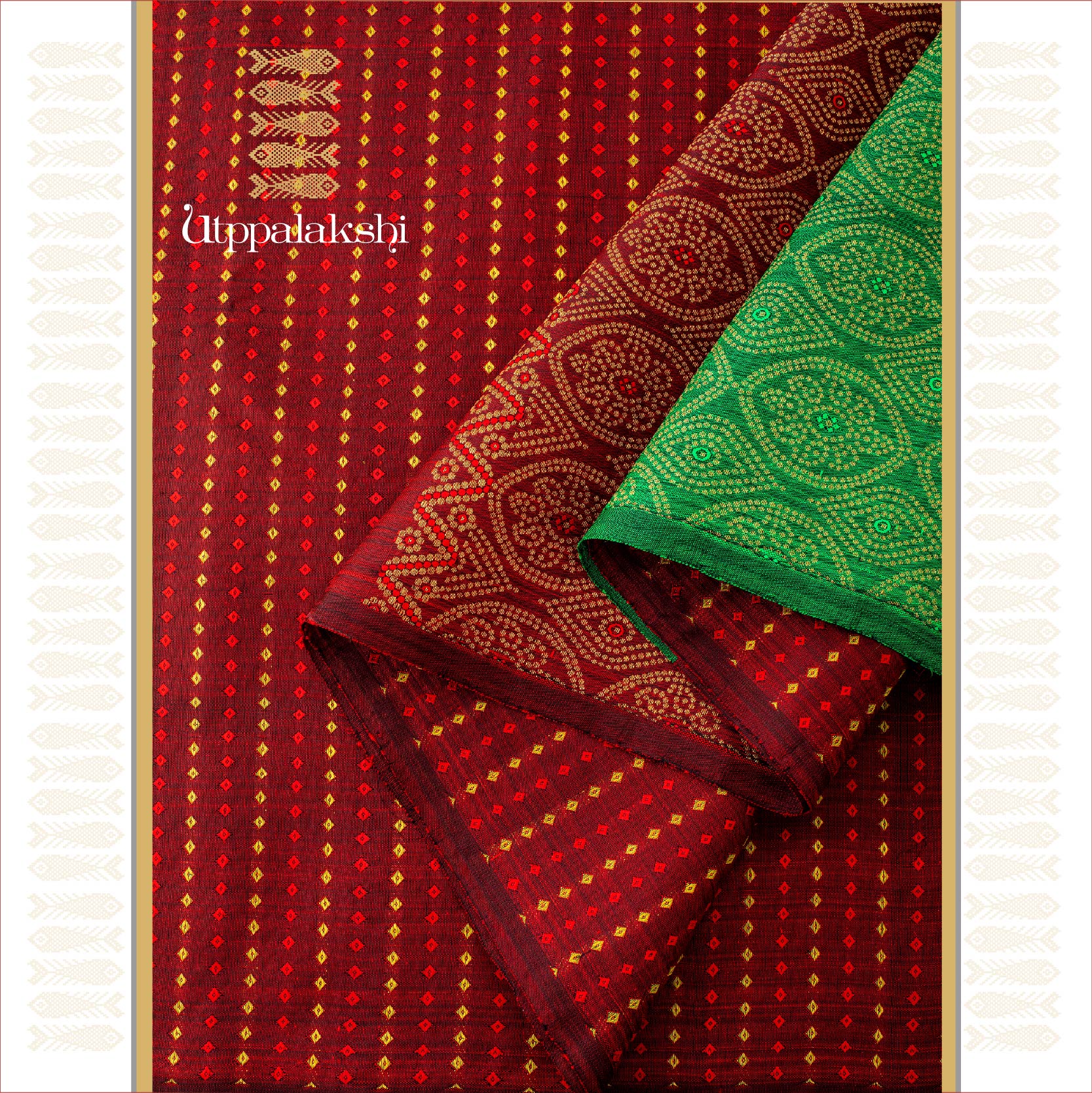 MAROON AND GREEN NO BORDER WITH ROWS OF DIAMONDS WOVEN || UTPPALAKSHI HANDWOVEN KANJIVARAM SILK
