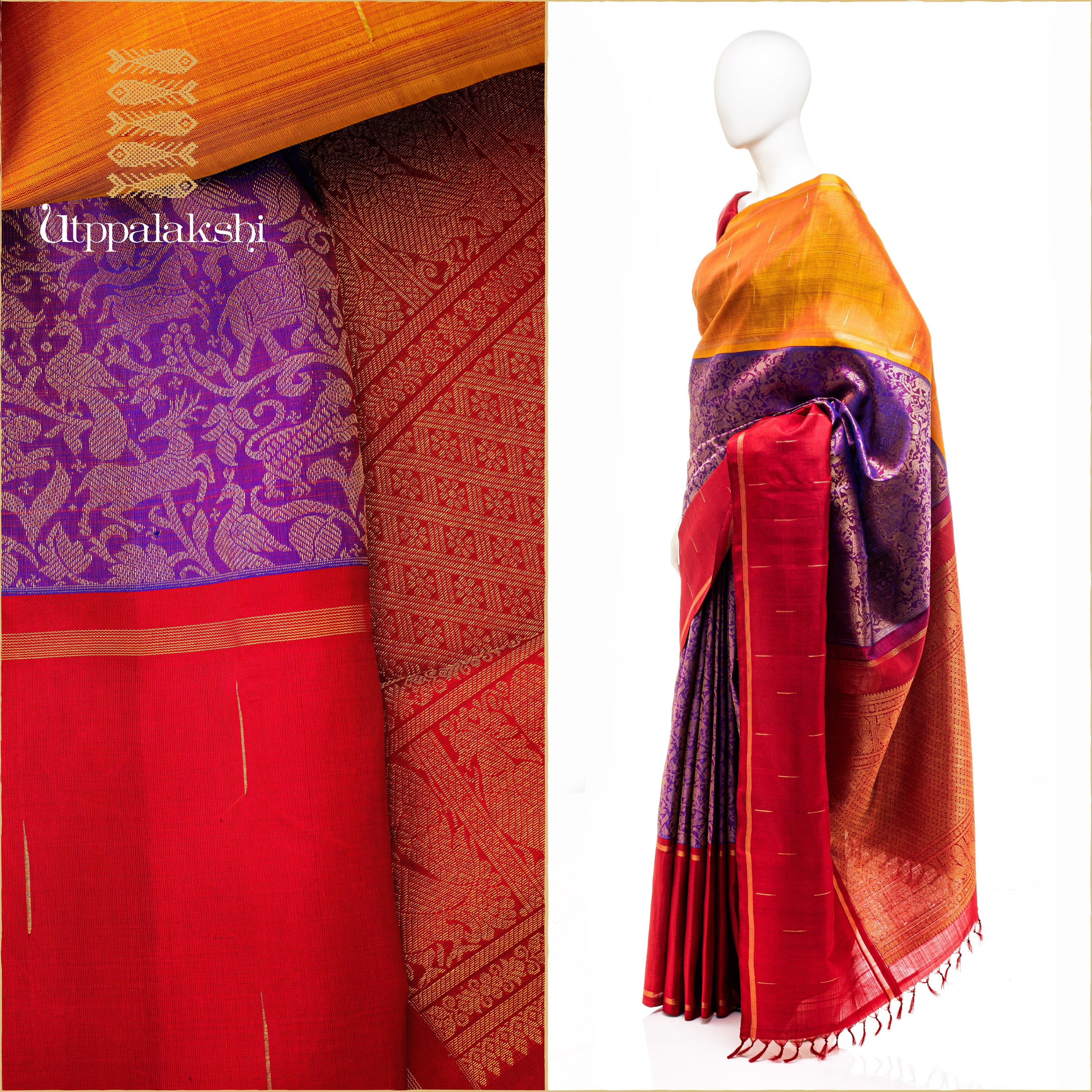 MUBBAGAM SAREE PURPLE MUSTARD RED VANASINGARAM || UTPPALAKSHI HANDWOVEN KANJIVARAM SILK