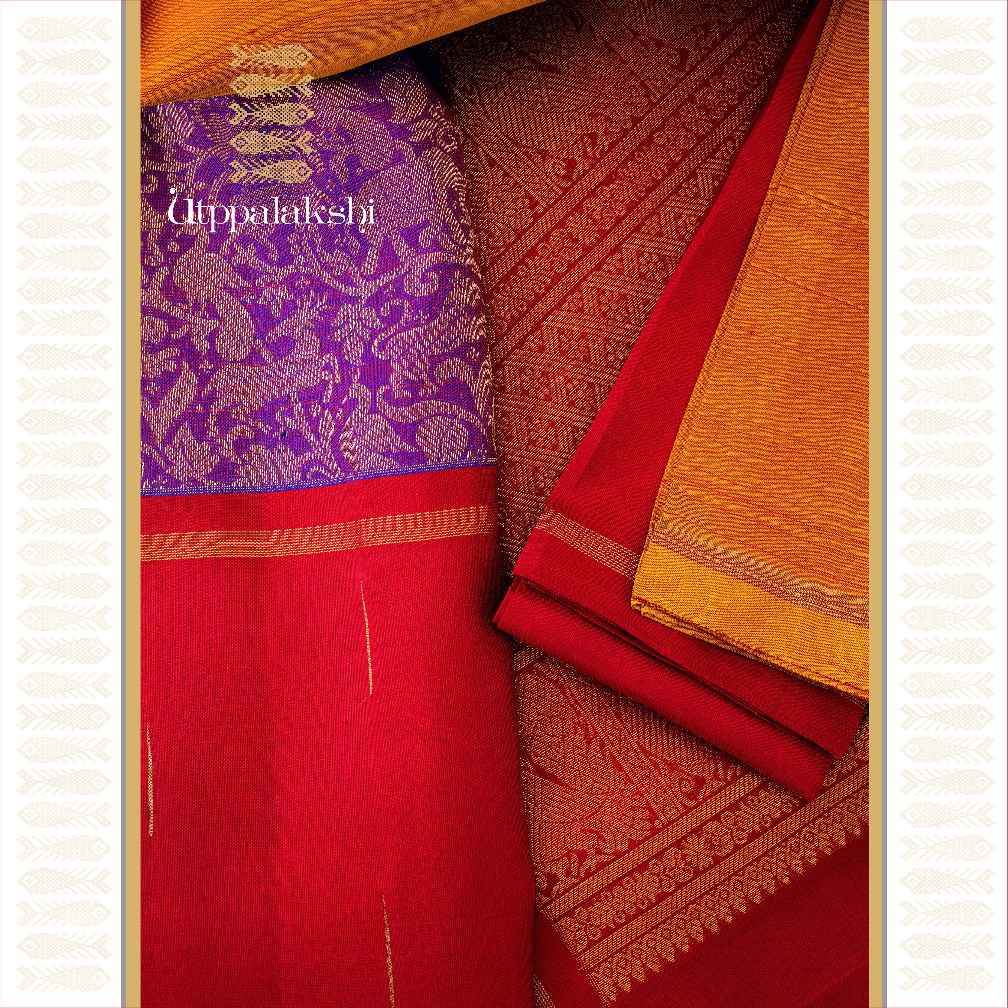 MUBBAGAM SAREE PURPLE MUSTARD RED VANASINGARAM || UTPPALAKSHI HANDWOVEN KANJIVARAM SILK