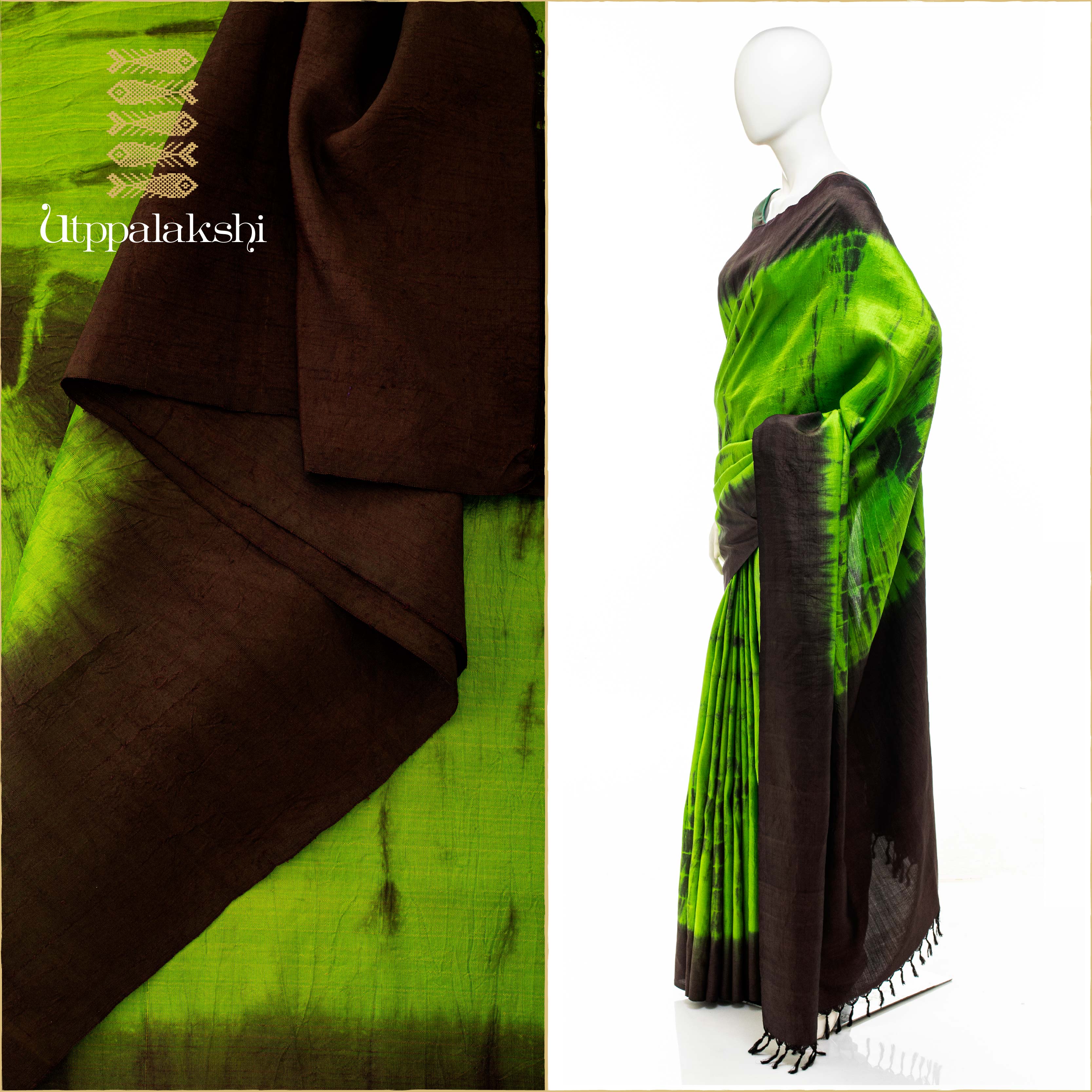 JAPANESE SHIBORI SAREE BLACK AND GREEN TIE AND DYE ON KANJIVARAM || UTPPALAKSHI KANJIVARAM SILK