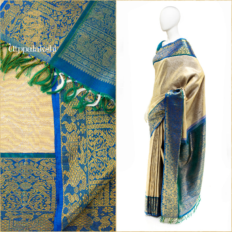 OFF WHITE AND BLUE BROCADE|| BRIDAL SAREE || UTPPALAKSHI HANDWOVEN KANJIVARAM SILK