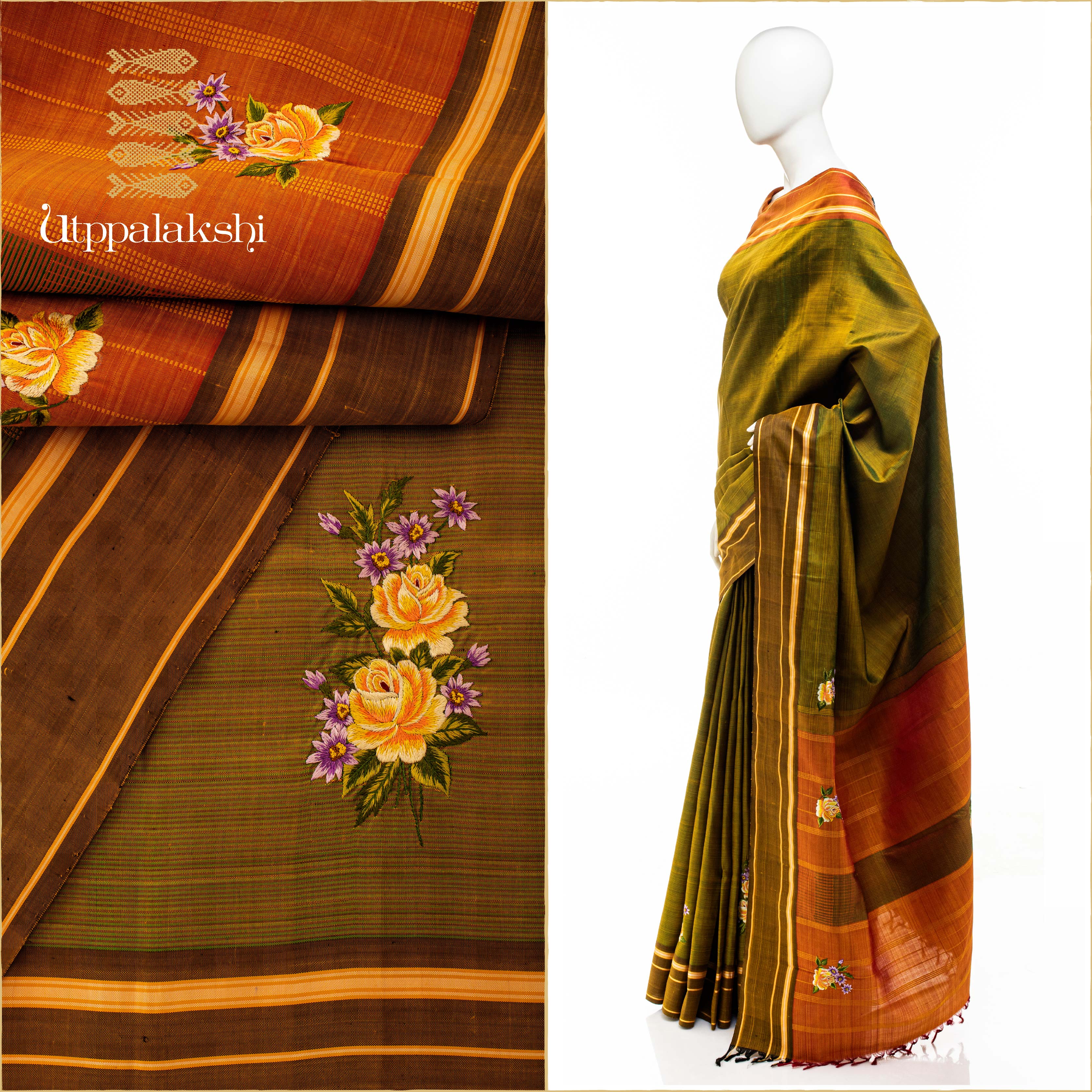 HAND EMBROIDERED SAREE BROWN GREEN FLOWERS || UTPPALAKSHI HANDWOVEN KANJIVARAM SILK