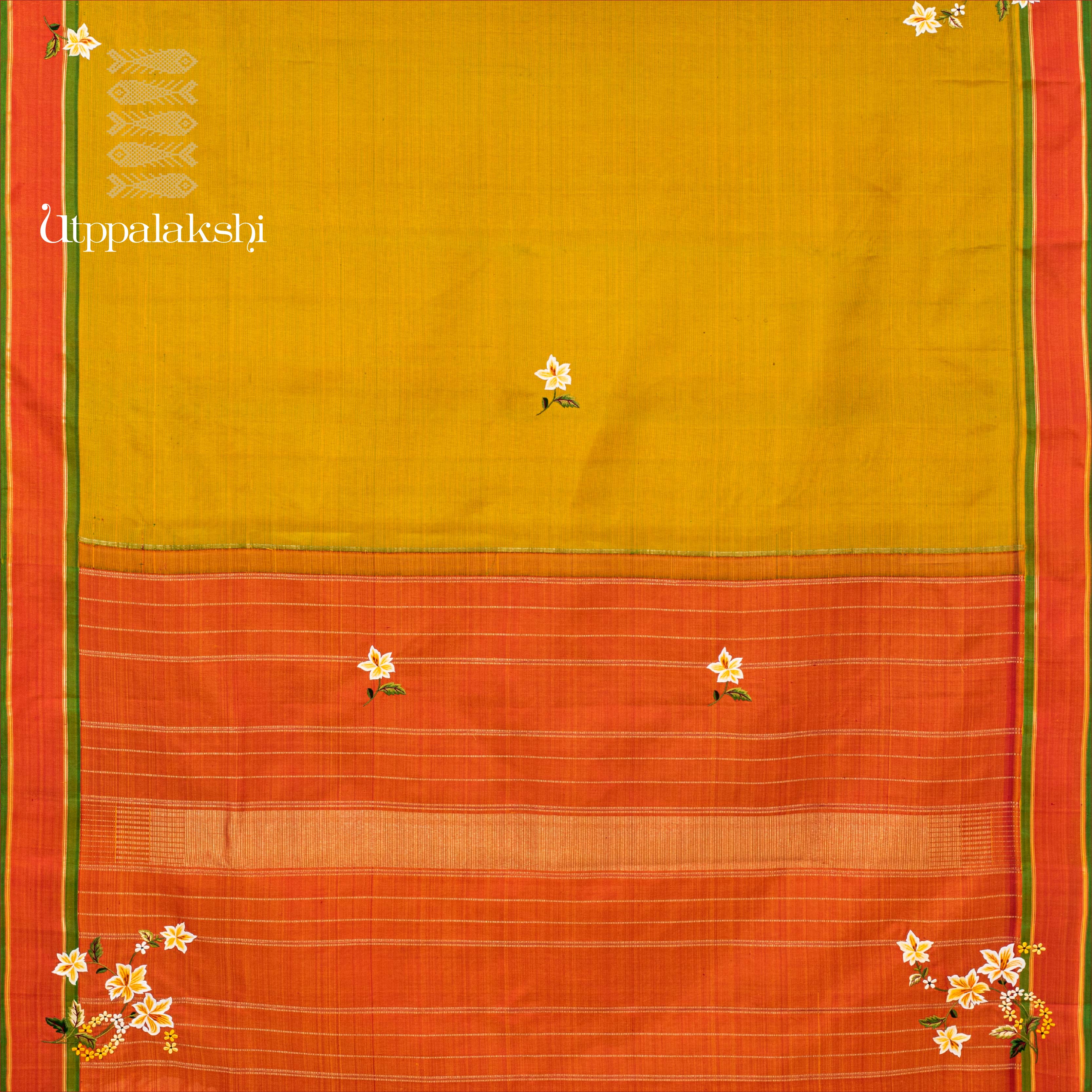 HAND EMBROIDERED SAREE ORANGE RUST GREEN || UTPPALAKSHI HANDWOVEN KANJIVARAM SILK