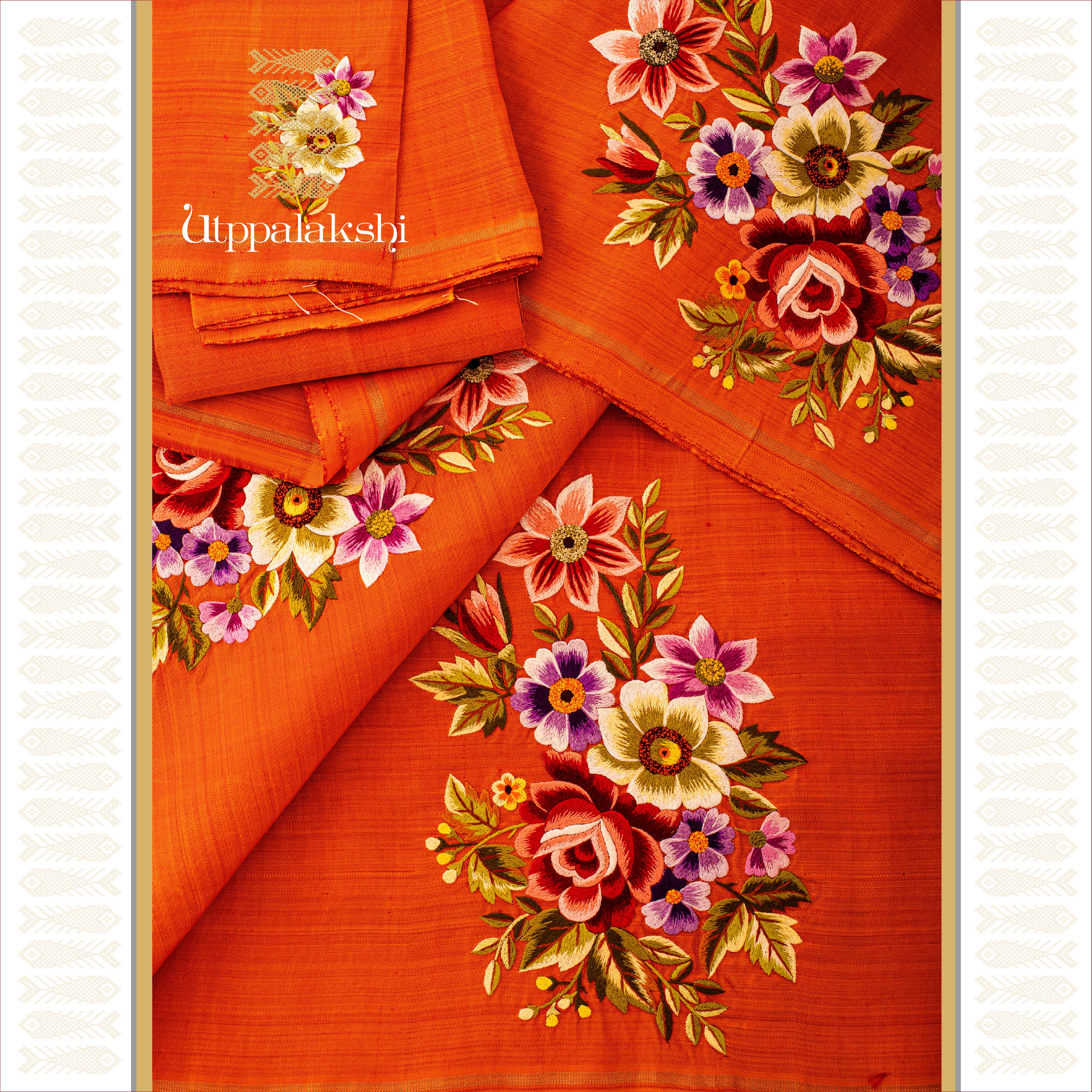 HAND EMBROIDERED SAREE ORANGE MULTICOLOUR EMBROIDERED FLOWERS || UTPPALAKSHI HANDWOVEN KANJIVARAM SILK