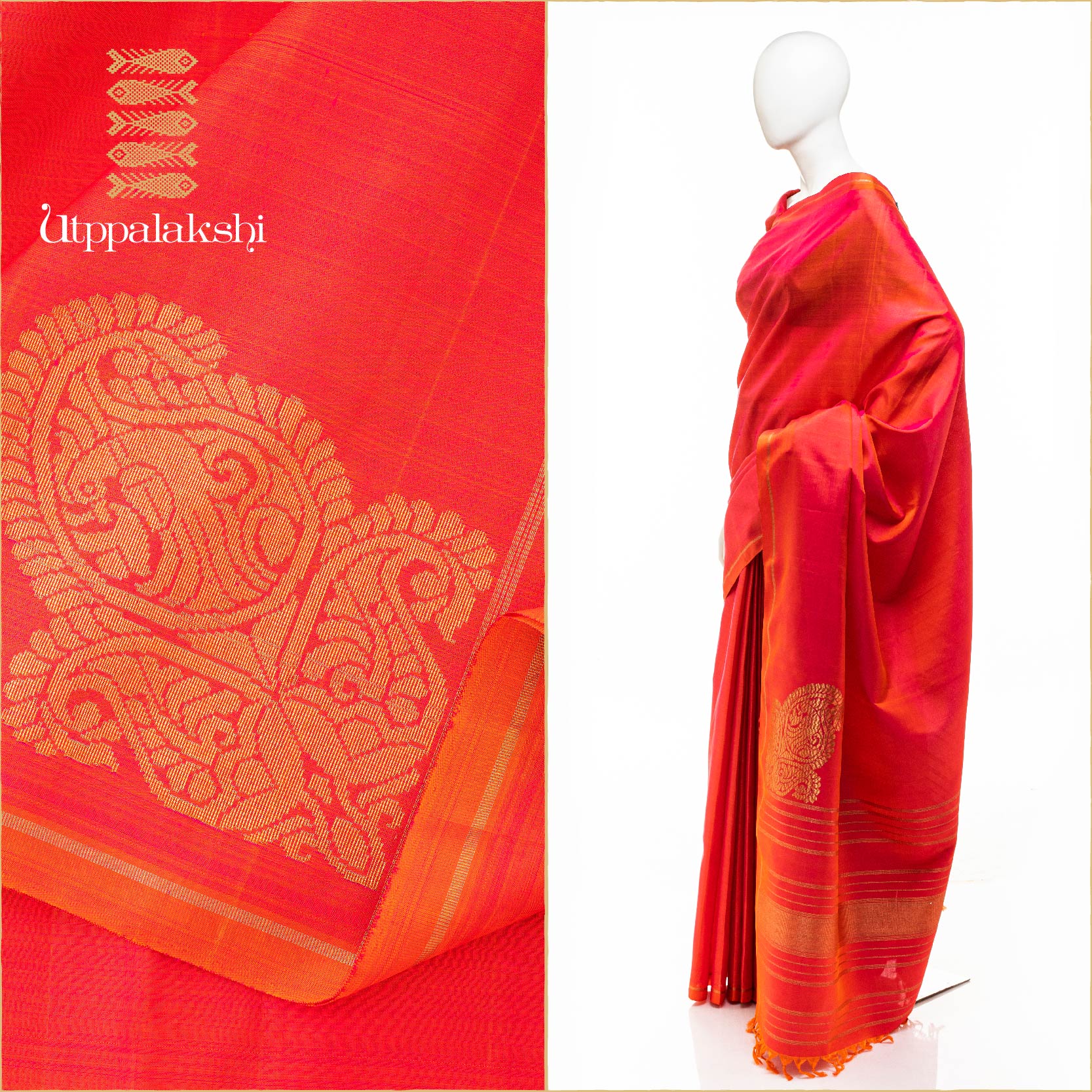 ORANGE PINK NO BORDER WITH MANGO CORNER MOTIFSAREE || UTPPALAKSHI HANDWOVEN KANJIVARAM SILK