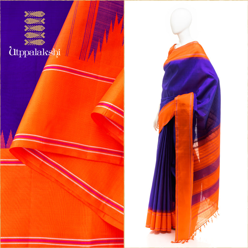 UTPPALAKSHI HANDWOVEN KANJIVARAM SILK SAREE BLUE AND ORANGE