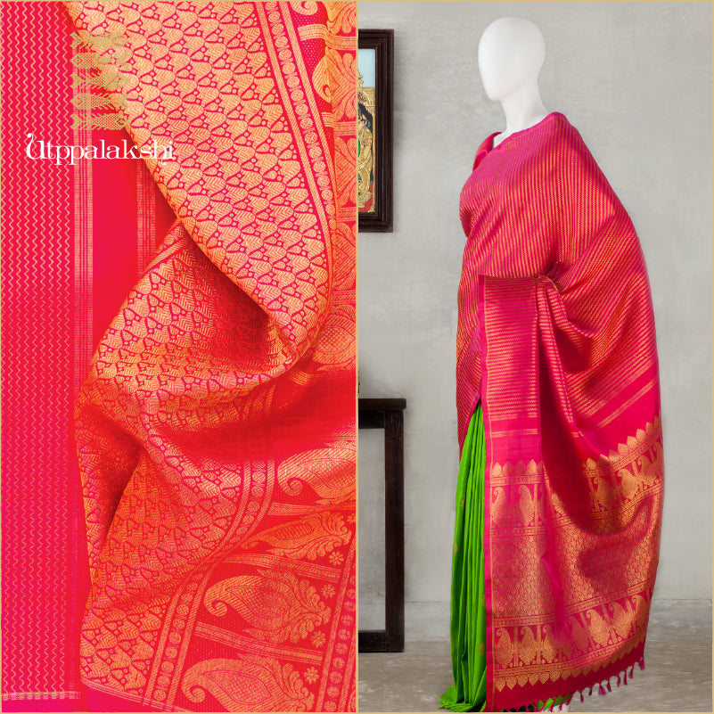 HALF AND HALF SAREE GREEN AND PINK WITH ZARI LINES || UTPPALAKSHI HANDWOVEN KANJIVARAM SILK