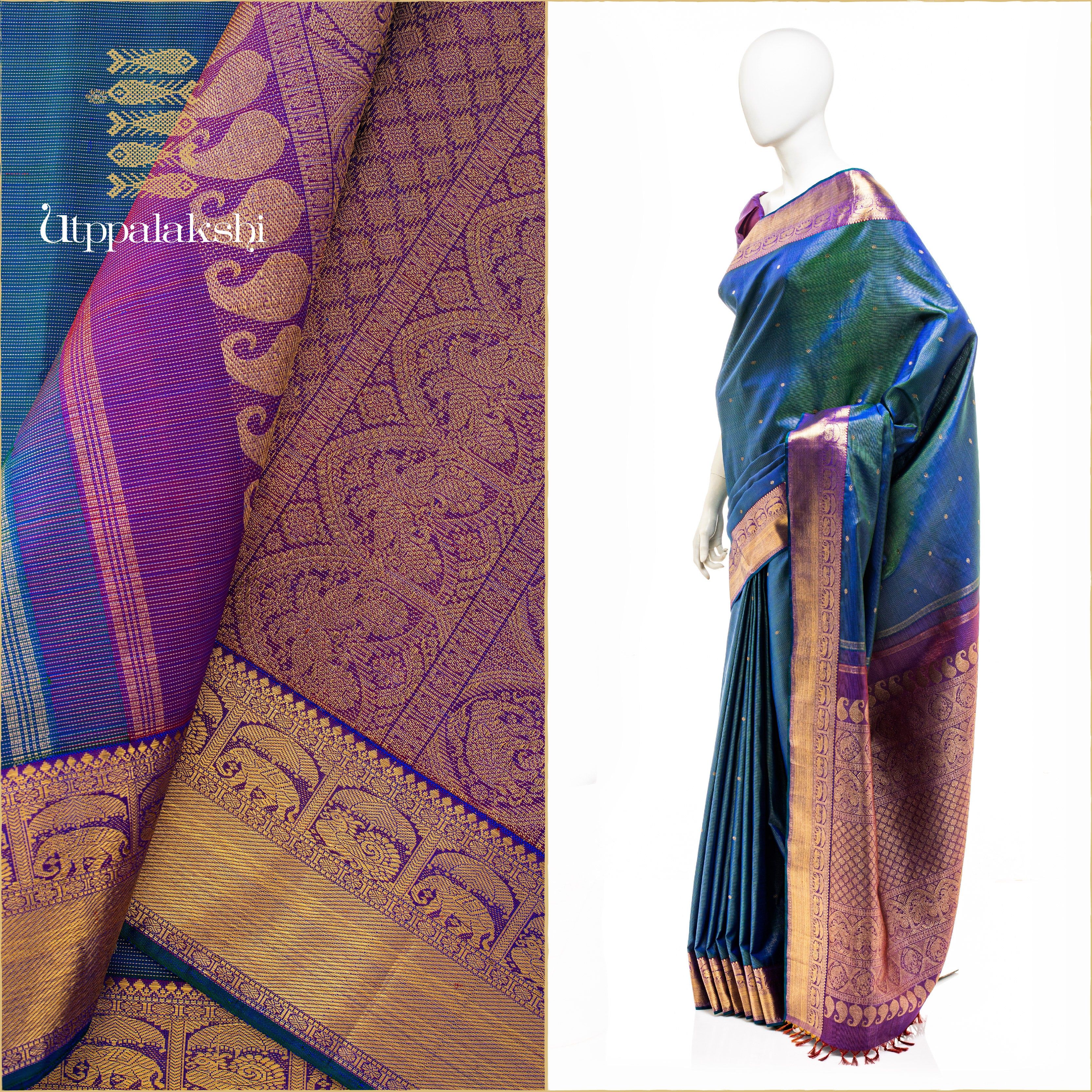 PEACOCK BLUE VAIRA OOSI WITH BUTTA MAGENTA || BRIDAL SAREE || UTPPALAKSHI HANDWOVEN KANJIVARAM SILK