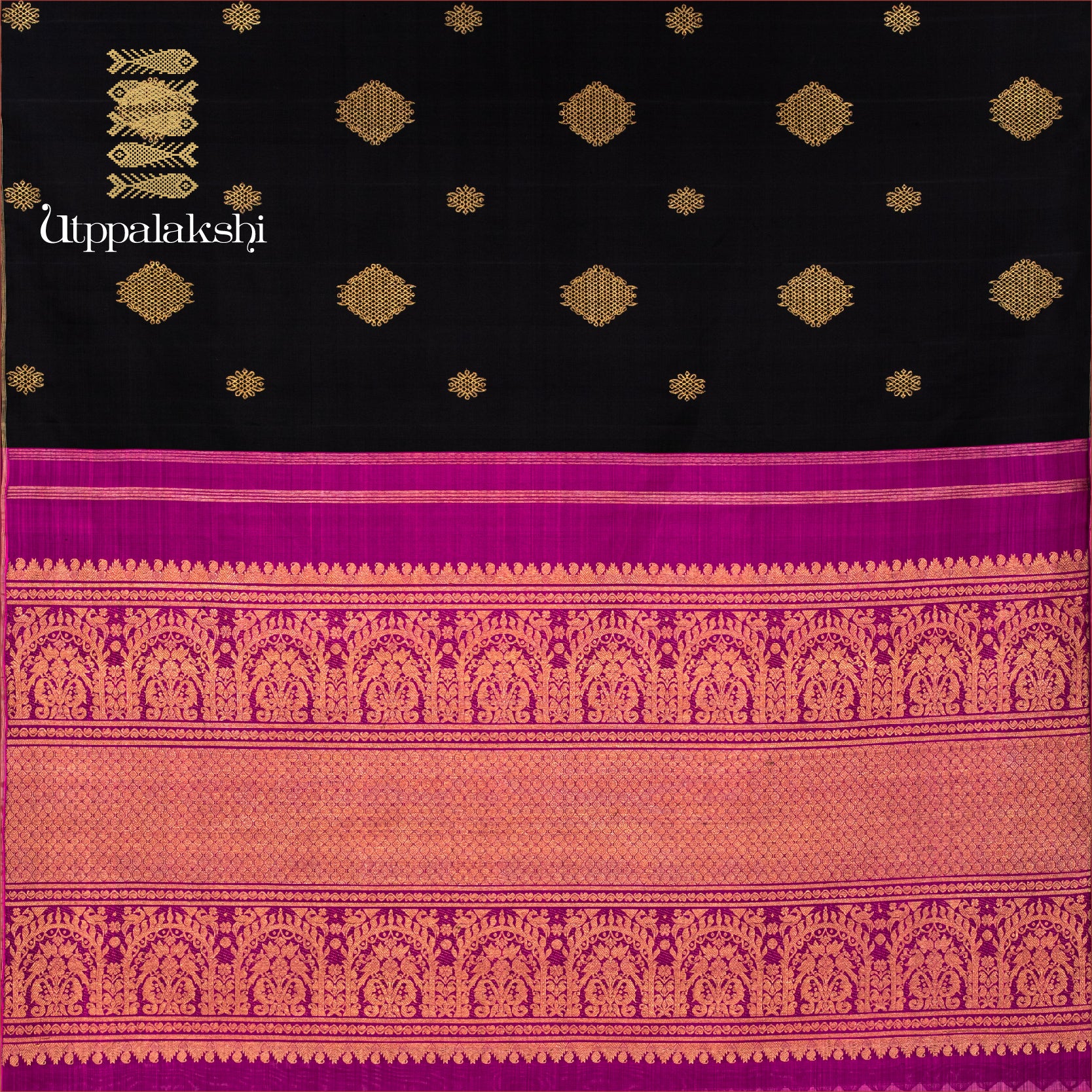 UTPPALAKSHI HANDWOVEN KANJIVARAM SILK SAREE BLACK AND MAGENTA KOLAM NO BORDER