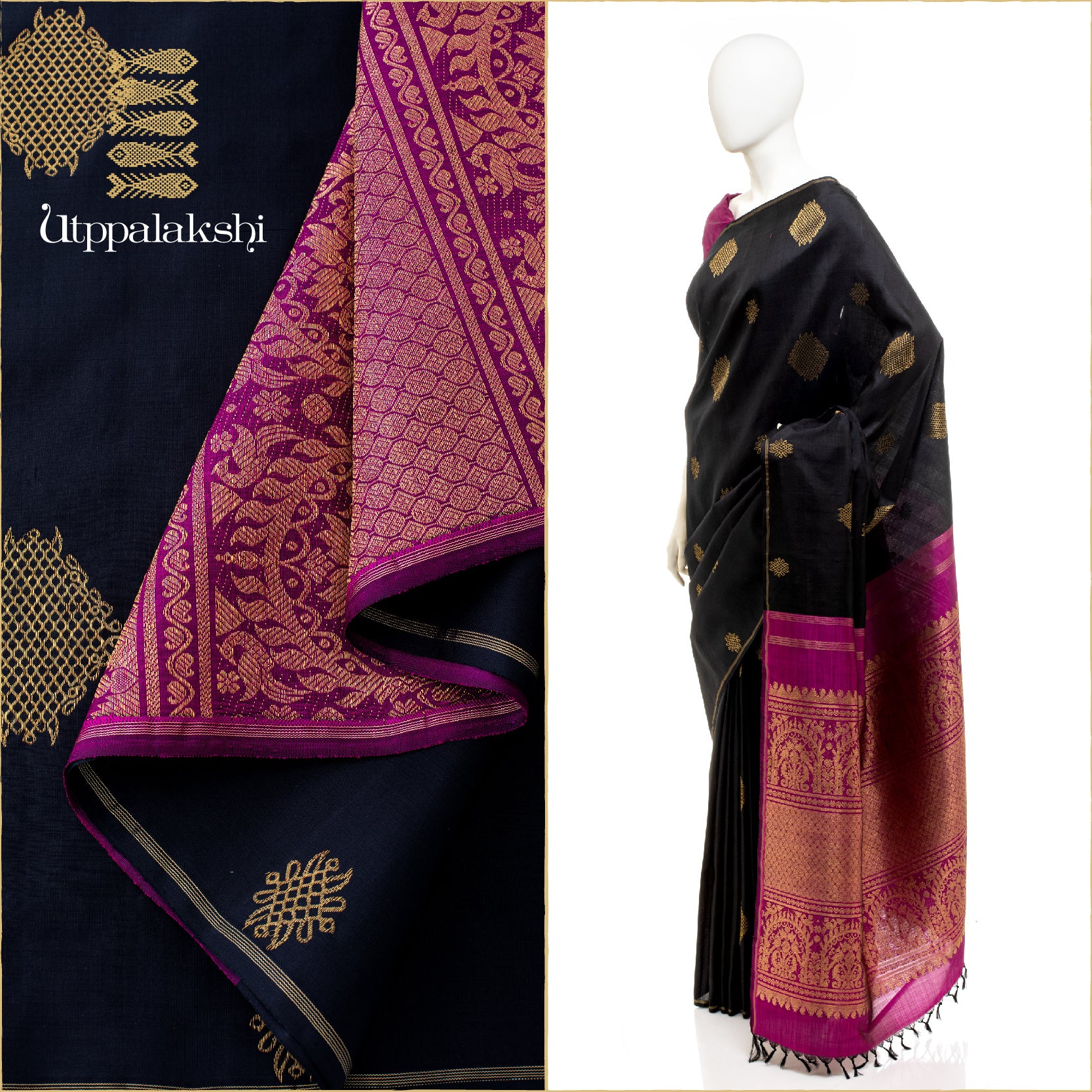 UTPPALAKSHI HANDWOVEN KANJIVARAM SILK SAREE BLACK AND MAGENTA KOLAM NO BORDER