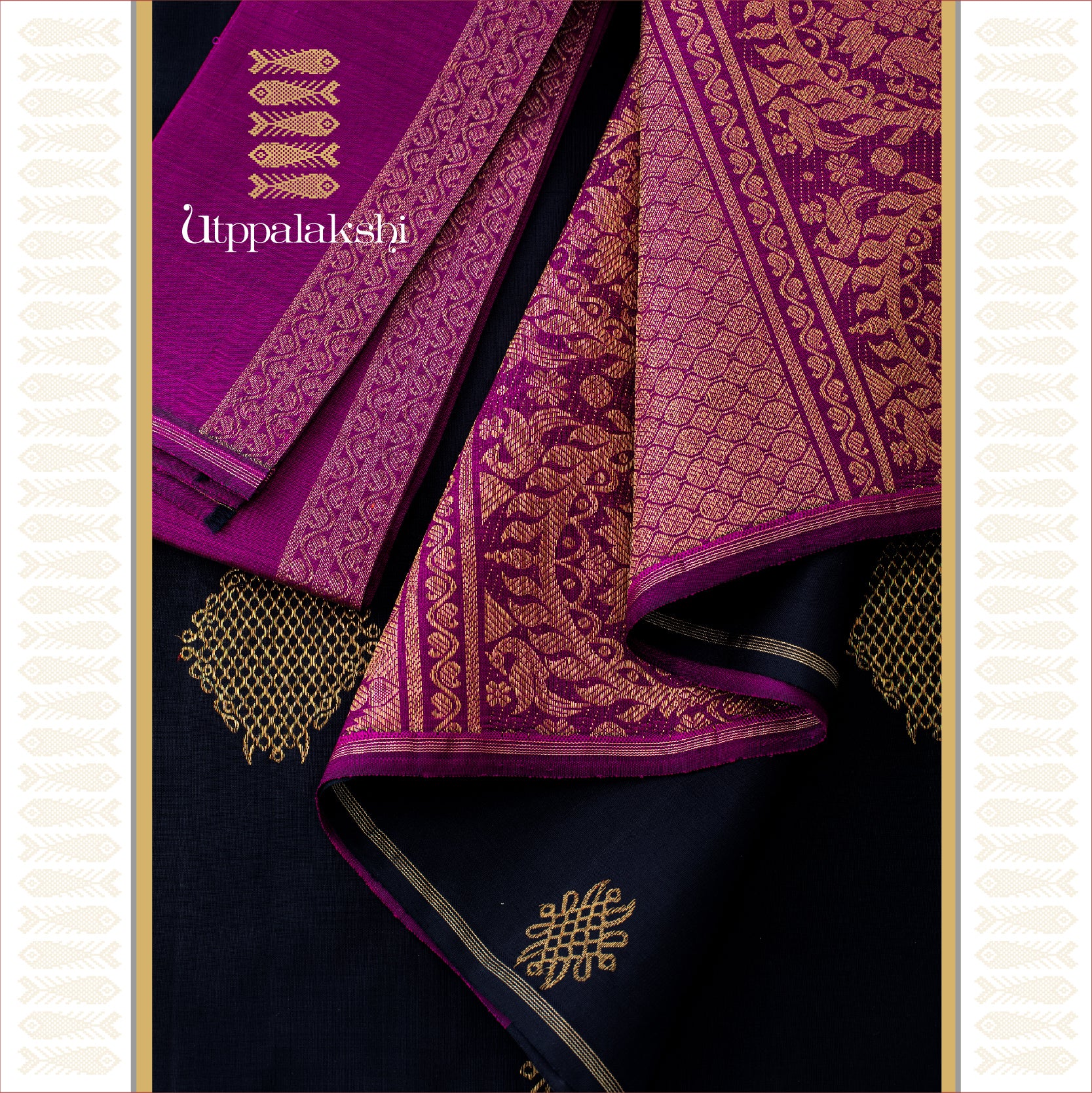 UTPPALAKSHI HANDWOVEN KANJIVARAM SILK SAREE BLACK AND MAGENTA KOLAM NO BORDER