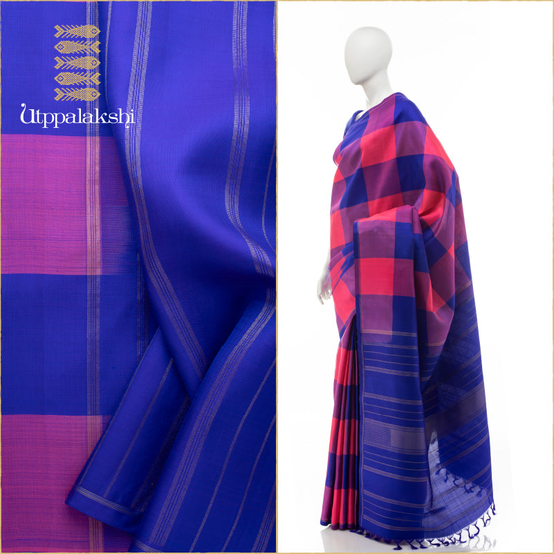 PINK AND BLUE LARGE CHECKS NO BORDER || UTPPALAKSHI HANDWOVEN KANJIVARAM SILK SAREE