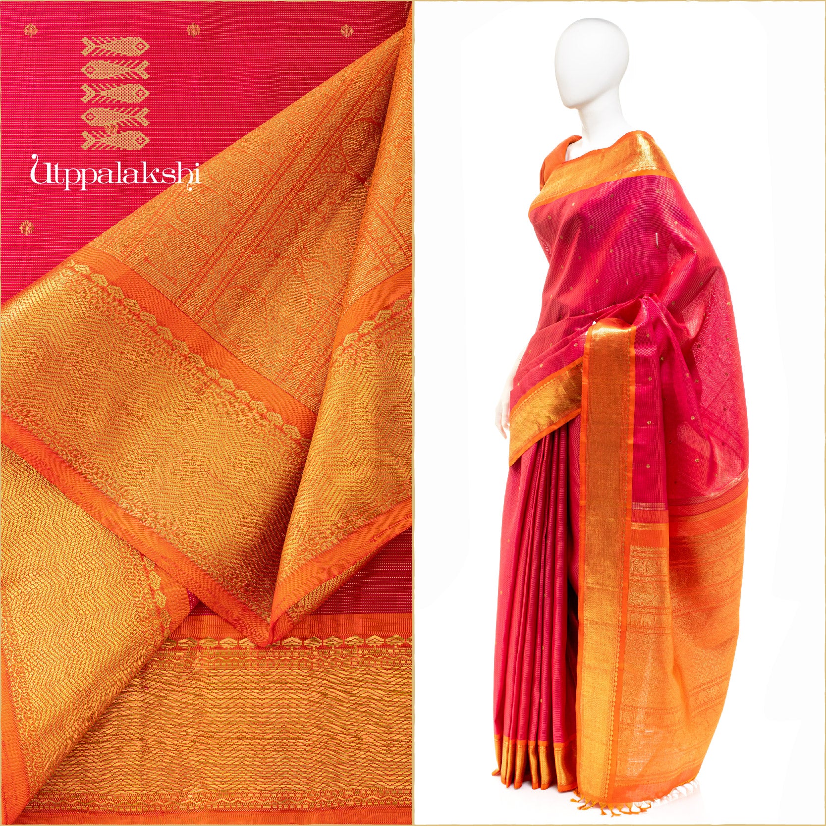 PINK VAIRA OOSI MUSTARD BUTTA || BRIDAL SAREE || UTPPALAKSHI HANDWOVEN KANJIVARAM SILK