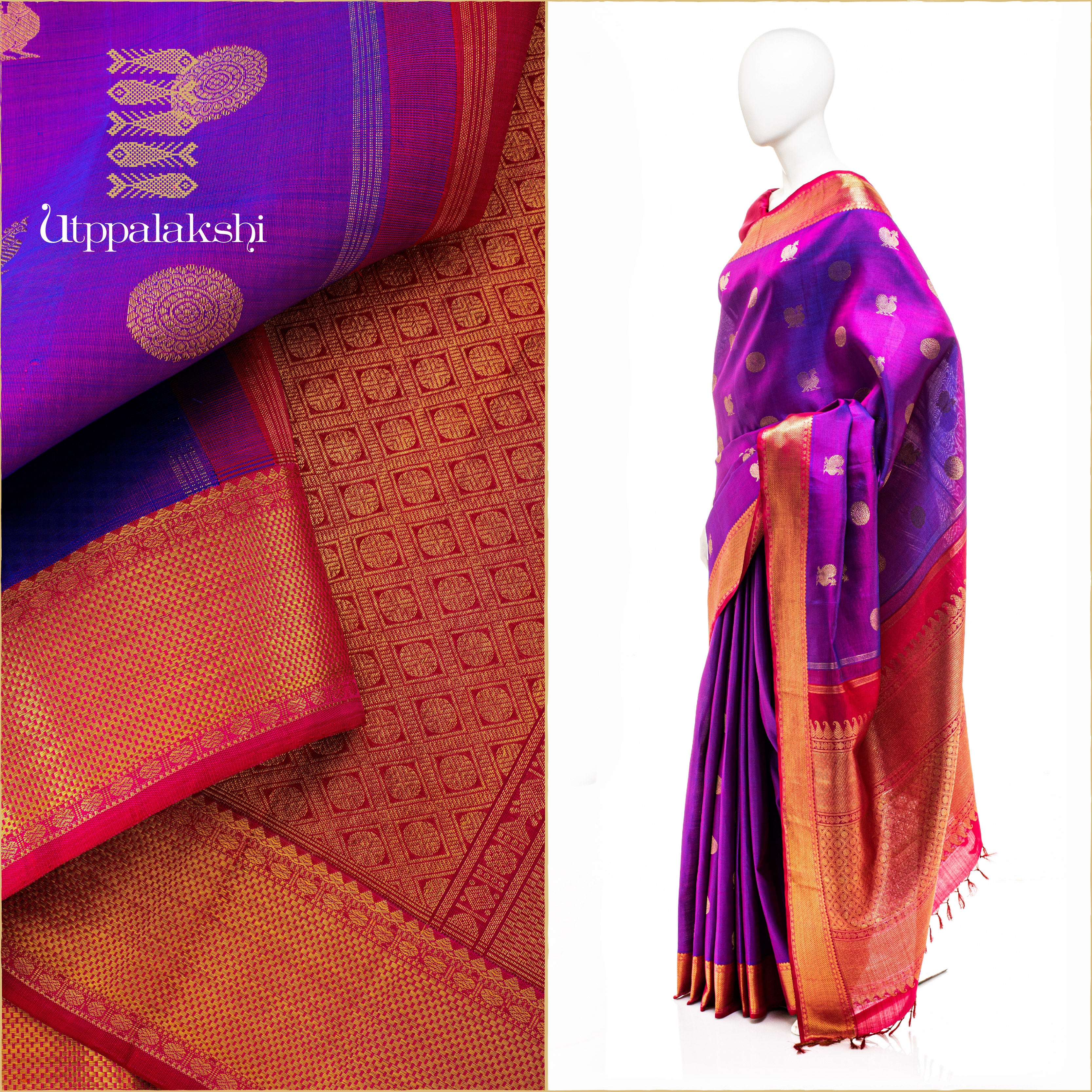 UTPPALAKSHI HANDWOVEN KANJIVARAM SILK SAREE PURPLE RED ANNAM CHAKRAM